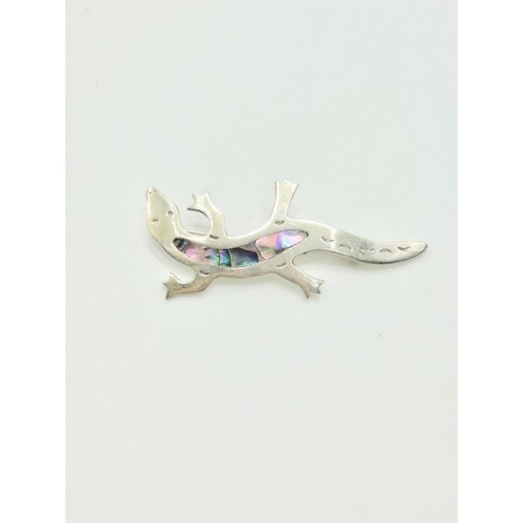 Vintage Alpaca Silver Mexico Lizard Gecko Pin Brooch with Abalone Shell Inlay - Picture 2 of 10